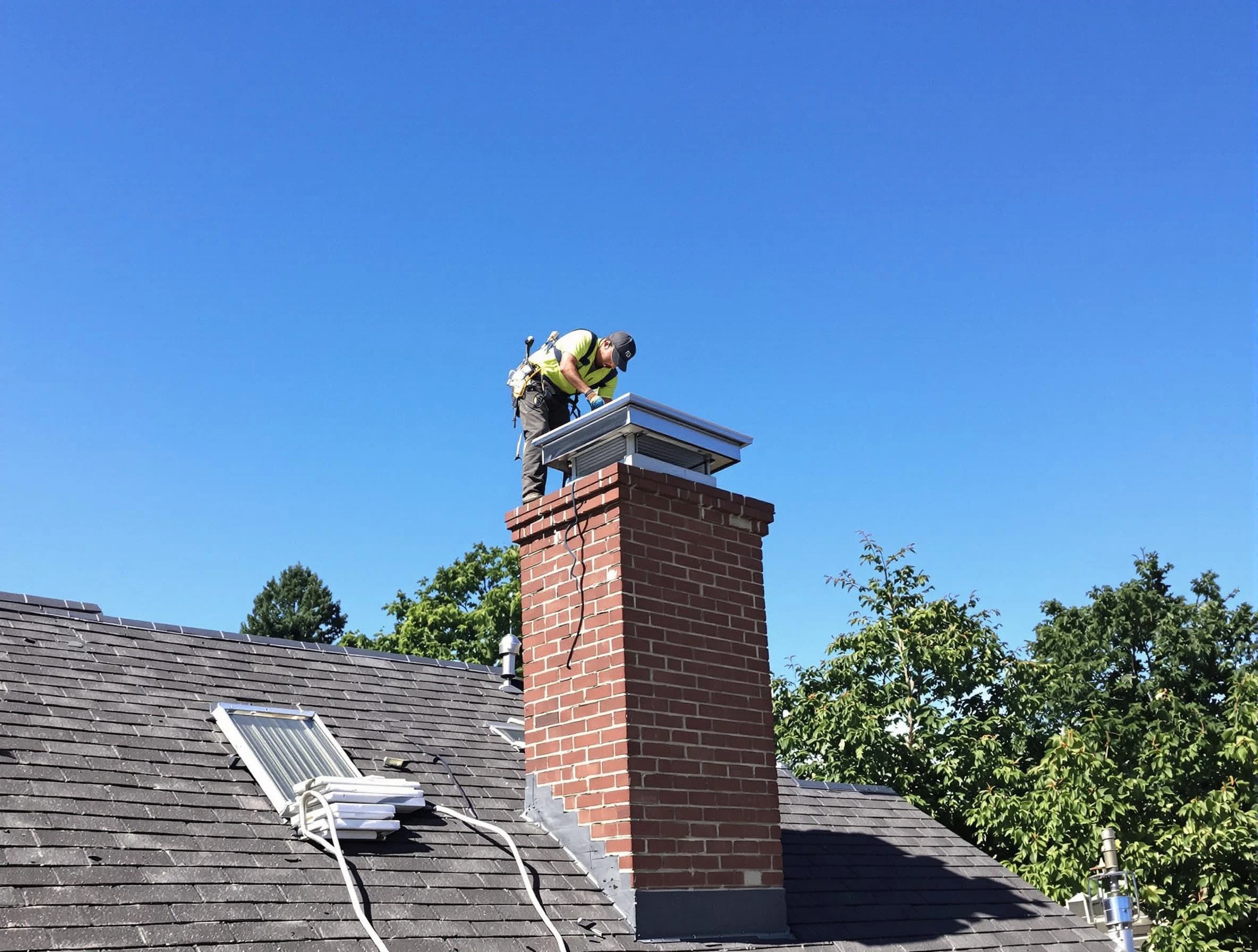 Howell Chimney Sweep technician measuring a chimney cap in Howell, NJ